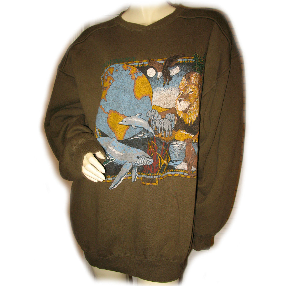 GALT CREW Mens Olive Green Crew Neck Knit Pullover Sweater Wild Animals Wildlife Dolphin Whale Lion Large