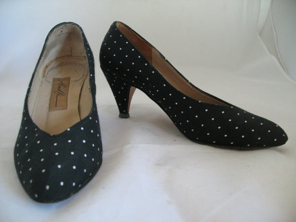 AMALFI MADE ITALY Genuine LEATHER Womens SHOES High Heels Classics Black  And White Polka Dots Pattern size 6 C