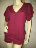 Womens Tops Deep RED WINE MAROON BURGUNDY Short Sleeve Button Down V-Neck Vneck TOP SHIRT Blouse size Small Women Casual Clothes Everyday Clothing