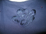 Womens Tops NAVY BLUE FLORAL FLOWERS Embroidery Pattern Short Sleeve TOP SHIRT Medium