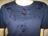 Womens Tops NAVY BLUE FLORAL FLOWERS Silhouette Embroidery Pattern Beads Bead Short Sleeve TOP SHIRT size Medium Women Casual Cheap Affordable Clothes Clothing Woman Casuals Wear