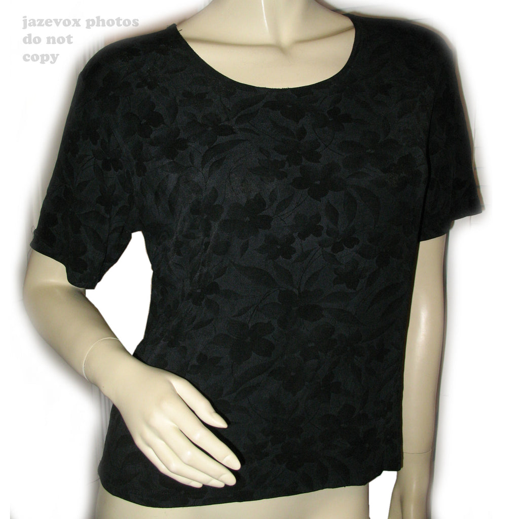 Womens Tops BLACK Silhouette FLORAL FLOWERS Pattern Short Sleeve Casual TOP SHIRT Medium