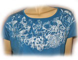 NEW Women BLUE Short Sleeve White Floral Flowers Print Printed T-Shirt TOP Shirt Casual Clothing