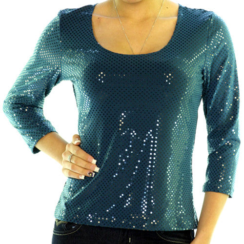 NEW MADE In USA Womens Tops TEAL BLUE Color 3/4 Sleeve Glitters Sparkle SEQUINS TOP Occasion Clothes Small