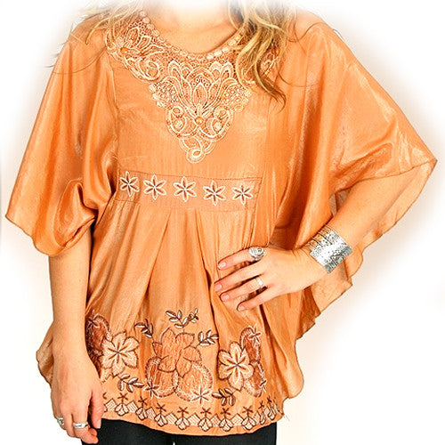 NEW Womens Tops BRONZE ORANGE Color Floral Embroidery BAT WING WINGS BATWING Sleeve TOP Fall Clothes