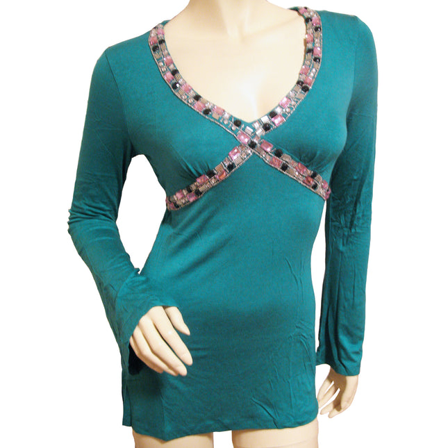 New Vintage Y2K Teal Jeweled Embellished Top Long Sleeve Silk Glam Glamour Party Chic Fairycore