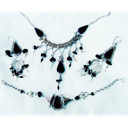 New Vintage Jewelry SET Necklace/Earrings/Bracelet Silver Black Stone Whimsigoth