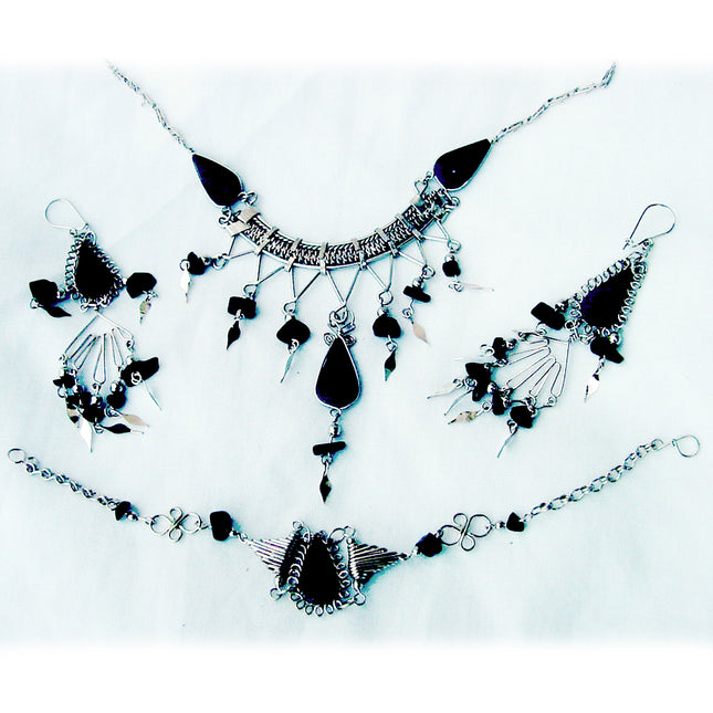 New Vintage Jewelry SET Necklace/Earrings/Bracelet Silver Black Stone Whimsigoth