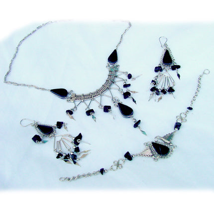 New Vintage Jewelry SET Necklace/Earrings/Bracelet Silver Black Stone Whimsigoth
