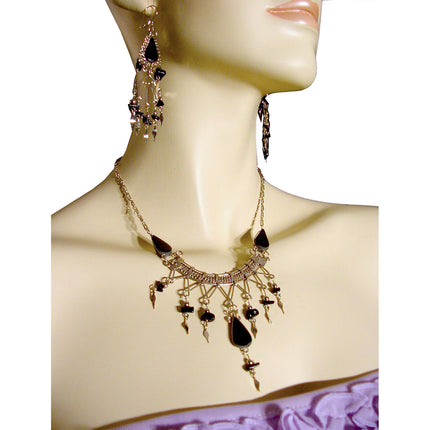 New Vintage Jewelry SET Necklace/Earrings/Bracelet Silver Black Stone Whimsigoth