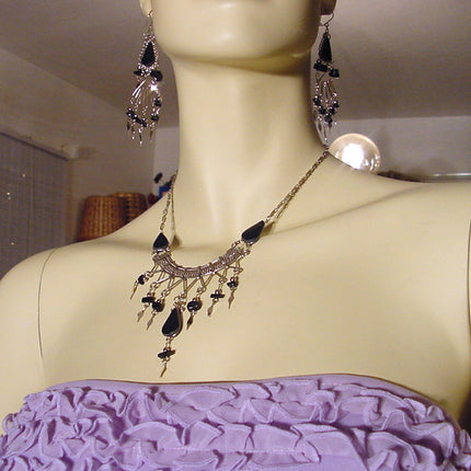 New Vintage Jewelry SET Necklace/Earrings/Bracelet Silver Black Stone Whimsigoth