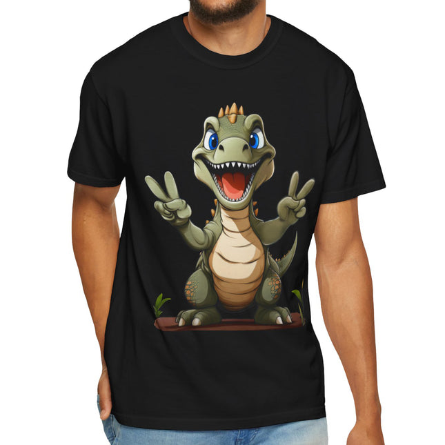 Comfort Colors Cute Cartoon Dinosaur Peace Sign T-Shirt – Funny Dino Graphic Tee for Adults Mens Womens Unisex