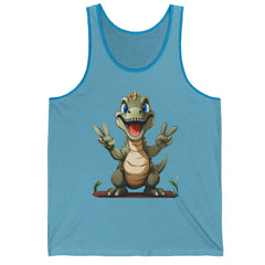 Funny Dinosaur Graphic Peace Sign Tank Top, Cute T-Rex Dinosaur Dino Cartoon, Unisex Jersey Mens Womens Fun Summer Shirt