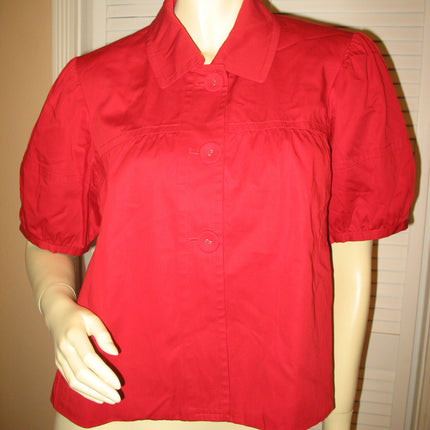 VINTAGE Old Womens Tops RED Puff Short Sleeve Button Down Collar Collared 100% COTTON TOP size Medium 10 Women Old Clothes Clothing