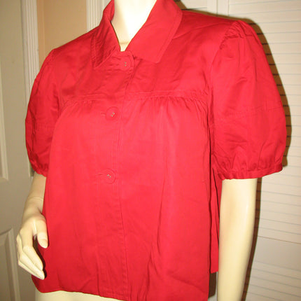 VINTAGE Womens Tops RED Puff Short Sleeve Button Down Collar Collared COTTON TOP size Medium 10