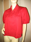 VINTAGE Womens Tops RED Puff Short Sleeve Button Down Collar Collared COTTON TOP size Medium 10
