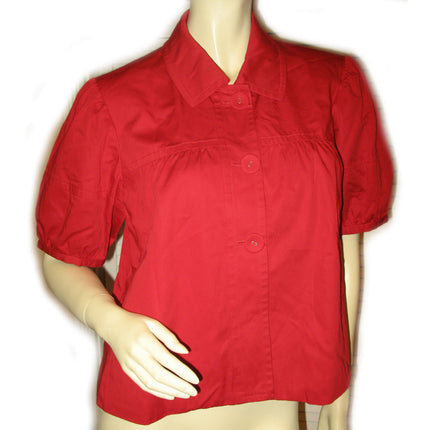 VINTAGE Old Womens Tops RED Puff Short Sleeve Button Down Collar Collared 100% COTTON TOP size Medium 10 Women Old Clothes Clothing