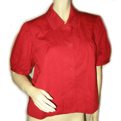 VINTAGE Old Womens Tops RED Puff Short Sleeve Button Down Collar Collared 100% COTTON TOP size Medium 10 Women Old Clothes Clothing