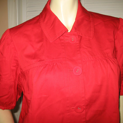 VINTAGE Old Womens Tops RED Puff Short Sleeve Button Down Collar Collared 100% COTTON TOP size Medium 10 Women Old Clothes Clothing