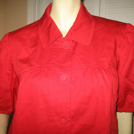VINTAGE Old Womens Tops RED Puff Short Sleeve Button Down Collar Collared 100% COTTON TOP size Medium 10 Women Old Clothes Clothing