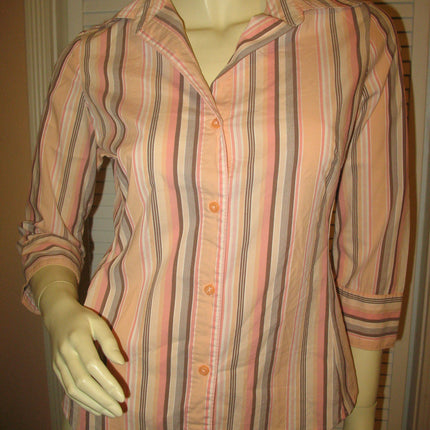 Womens Tops Multi Color Colored PEACH Pink BROWN STRIPE STRIPED Pattern Collar Collared 3/4 Sleeve Button Down Career Attire Office Work Business Wear TOP Small Women Casual Casuals Clothes Fashion Clothing