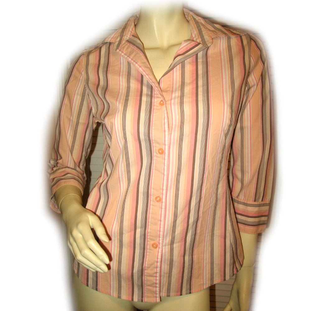 Womens Tops PEACH Pink BROWN STRIPE STRIPED Pattern Collar Collared 3/4 Sleeve Button Down Career Office Wear TOP Small