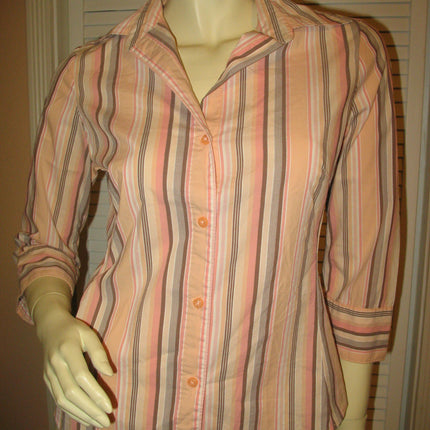 Womens Tops Multi Color Colored PEACH Pink BROWN STRIPE STRIPED Pattern Collar Collared 3/4 Sleeve Button Down Career Attire Office Work Business Wear TOP Small Women Casual Casuals Clothes Fashion Clothing