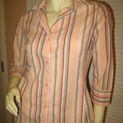 Womens Tops Multi Color Colored PEACH Pink BROWN STRIPE STRIPED Pattern Collar Collared 3/4 Sleeve Button Down Career Attire Office Work Business Wear TOP Small Women Casual Casuals Clothes Fashion Clothing