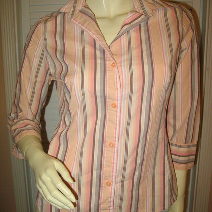 Womens Tops Multi Color Colored PEACH Pink BROWN STRIPE STRIPED Pattern Collar Collared 3/4 Sleeve Button Down Career Attire Office Work Business Wear TOP Small Women Casual Casuals Clothes Fashion Clothing