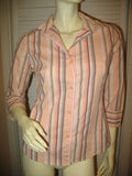 Womens Tops Multi Color Colored PEACH Pink BROWN STRIPE STRIPED Pattern Collar Collared 3/4 Sleeve Button Down Career Attire Office Work Business Wear TOP Small Women Casual Casuals Clothes Fashion Clothing