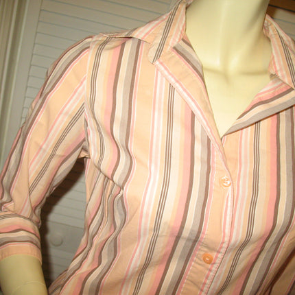 Womens Tops PEACH Pink BROWN STRIPE STRIPED Pattern Collar Collared 3/4 Sleeve Button Down Career Office Wear TOP Small