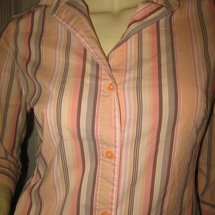 Womens Tops Multi Color Colored PEACH Pink BROWN STRIPE STRIPED Pattern Collar Collared 3/4 Sleeve Button Down Career Attire Office Work Business Wear TOP Small Women Casual Casuals Clothes Fashion Clothing