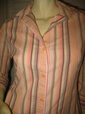Womens Tops Multi Color Colored PEACH Pink BROWN STRIPE STRIPED Pattern Collar Collared 3/4 Sleeve Button Down Career Attire Office Work Business Wear TOP Small Women Casual Casuals Clothes Fashion Clothing