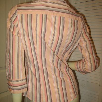Womens Tops Multi Color Colored PEACH Pink BROWN STRIPE STRIPED Pattern Collar Collared 3/4 Sleeve Button Down Career Attire Office Work Business Wear TOP Small Women Casual Casuals Clothes Fashion Clothing