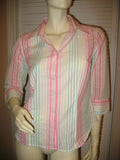 TALBOTS Womens Tops Multi Color Colored PINK GREEN WHITE Vertical STRIPE STRIPED Pattern 3/4 Sleeve Button Down Career Wear Office Work Business Attire TOP Small 100% Cotton Women Fashion Clothes Clothing