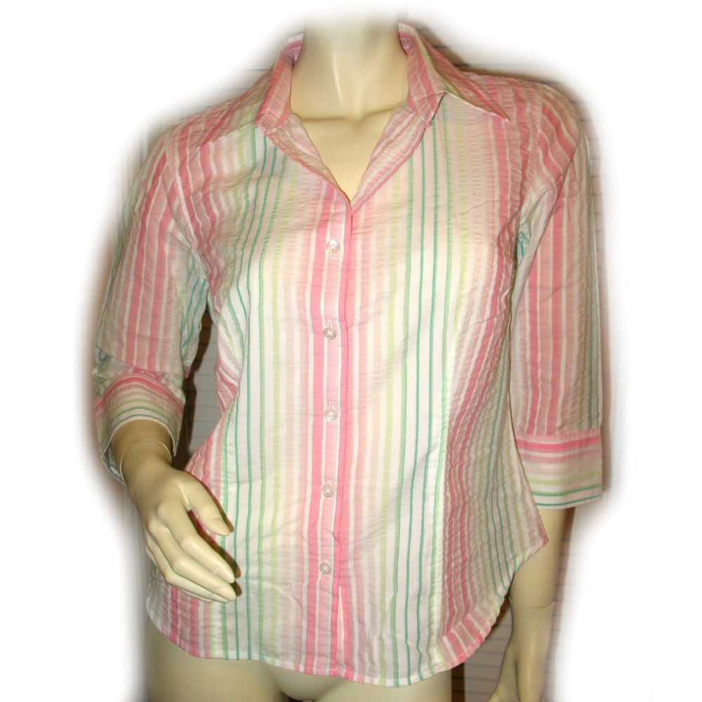 TALBOTS Womens Tops PINK GREEN WHITE STRIPE STRIPED 3/4 Sleeve Button Down Career Wear Office Attire TOP Small