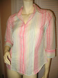 TALBOTS Womens Tops Multi Color Colored PINK GREEN WHITE Vertical STRIPE STRIPED Pattern 3/4 Sleeve Button Down Career Wear Office Work Business Attire TOP Small 100% Cotton Women Fashion Clothes Clothing