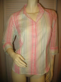 TALBOTS Womens Tops Multi Color Colored PINK GREEN WHITE Vertical STRIPE STRIPED Pattern 3/4 Sleeve Button Down Career Wear Office Work Business Attire TOP Small 100% Cotton Women Fashion Clothes Clothing