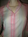 TALBOTS Womens Tops Multi Color Colored PINK GREEN WHITE Vertical STRIPE STRIPED Pattern 3/4 Sleeve Button Down Career Wear Office Work Business Attire TOP Small 100% Cotton Women Fashion Clothes Clothing