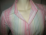 TALBOTS Womens Tops Multi Color Colored PINK GREEN WHITE Vertical STRIPE STRIPED Pattern 3/4 Sleeve Button Down Career Wear Office Work Business Attire TOP Small 100% Cotton Women Fashion Clothes Clothing