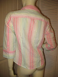 TALBOTS Womens Tops Multi Color Colored PINK GREEN WHITE Vertical STRIPE STRIPED Pattern 3/4 Sleeve Button Down Career Wear Office Work Business Attire TOP Small 100% Cotton Women Fashion Clothes Clothing