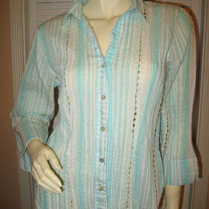 COLDWATER CREEK Womens Tops BLUE WHITE Vertical STRIPE STRIPED Collar Collared Button Down 3/4 Sleeve Career Wear Office Work Business Attire TOP Medium Women Clothes Fashion Clothing