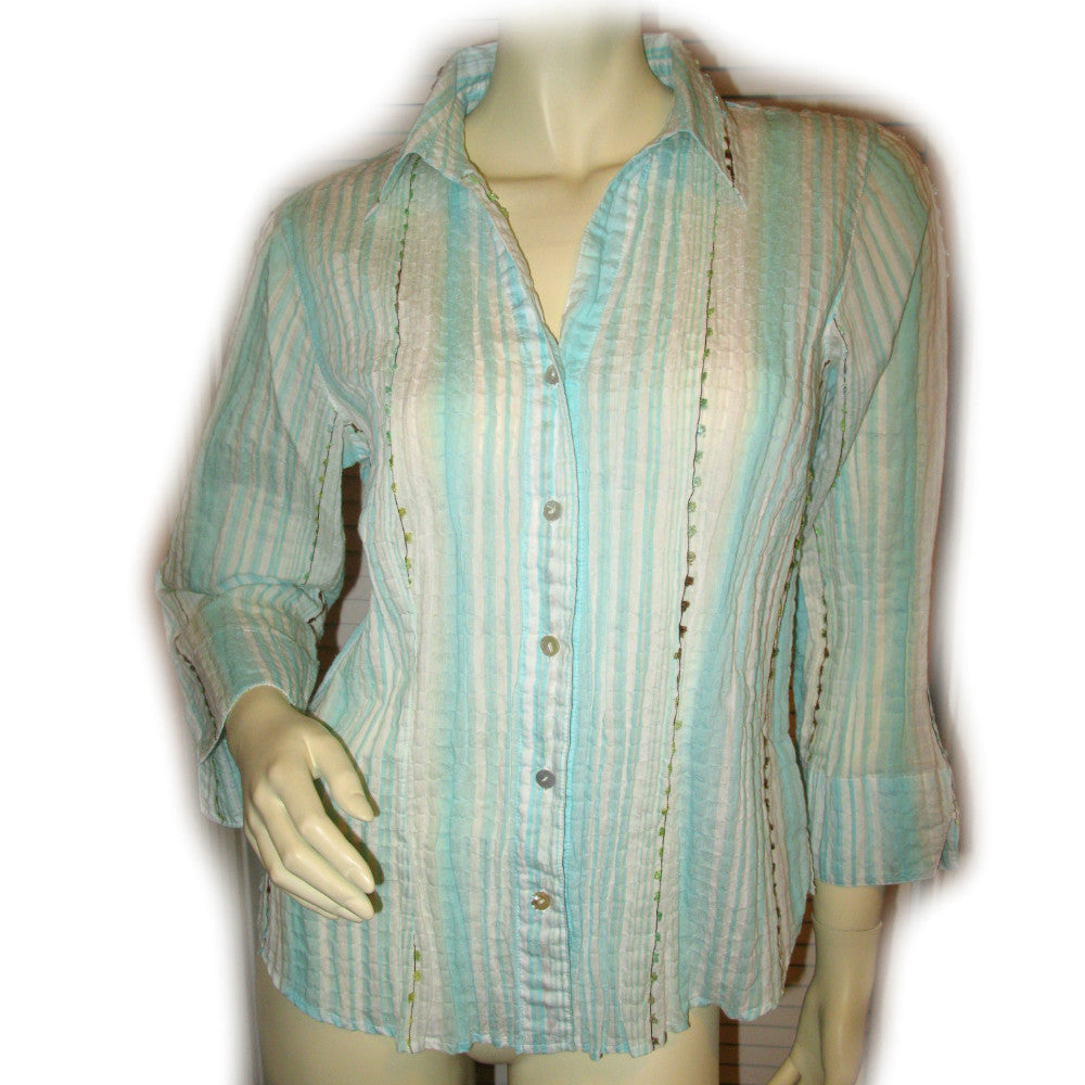 COLDWATER CREEK Womens Tops BLUE WHITE STRIPE STRIPED Collar Collared Button Down 3/4 Sleeve TOP Medium