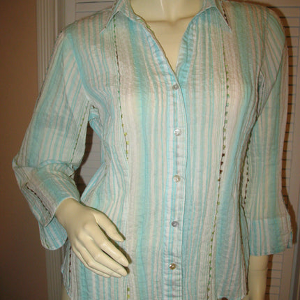 COLDWATER CREEK Womens Tops BLUE WHITE Vertical STRIPE STRIPED Collar Collared Button Down 3/4 Sleeve Career Wear Office Work Business Attire TOP Medium Women Clothes Fashion Clothing