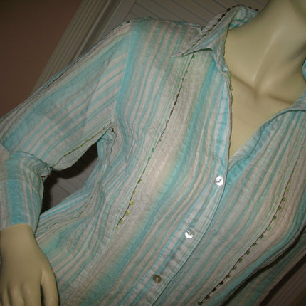 COLDWATER CREEK Womens Tops BLUE WHITE Vertical STRIPE STRIPED Collar Collared Button Down 3/4 Sleeve Career Wear Office Work Business Attire TOP Medium Women Clothes Fashion Clothing