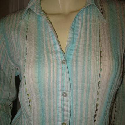 COLDWATER CREEK Womens Tops BLUE WHITE Vertical STRIPE STRIPED Collar Collared Button Down 3/4 Sleeve Career Wear Office Work Business Attire TOP Medium Women Clothes Fashion Clothing
