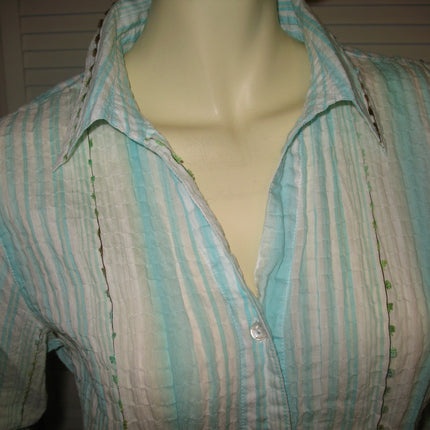 COLDWATER CREEK Womens Tops BLUE WHITE Vertical STRIPE STRIPED Collar Collared Button Down 3/4 Sleeve Career Wear Office Work Business Attire TOP Medium Women Clothes Fashion Clothing