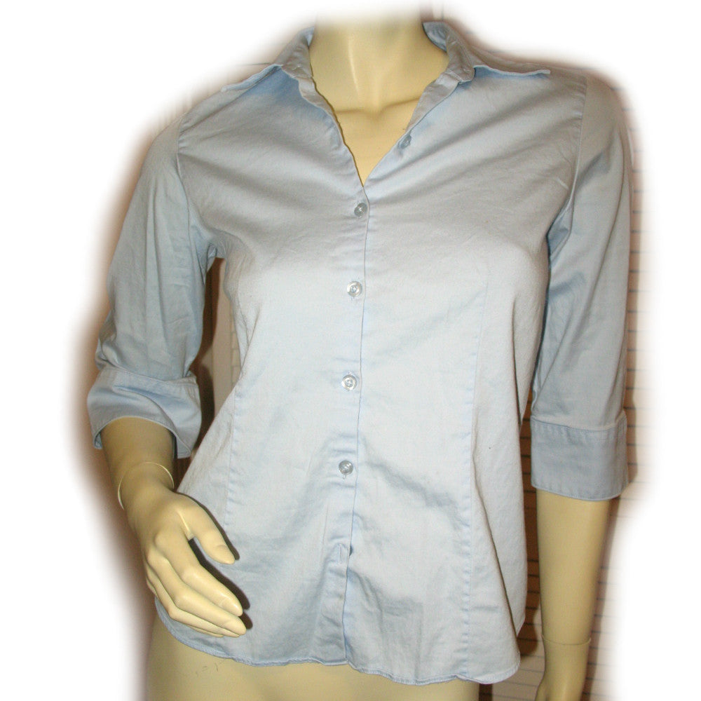 Womens Tops Light BLUE Collar Collared 1/2 Sleeve Button Down Career Work Office Wear Attire TOP Small Clothes