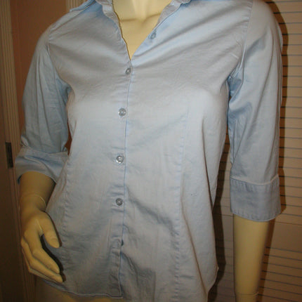 Womens Tops Light BLUE Collar Collared 1/2 Sleeve Button Down Career Work Office Wear Attire TOP Small Women Clothes Clothing Casual Casuals Fashion Wear