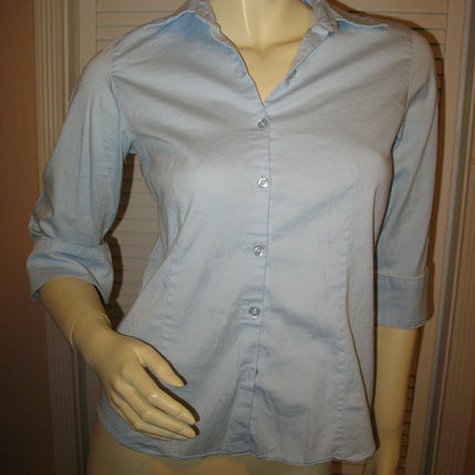 Womens Tops Light BLUE Collar Collared 1/2 Sleeve Button Down Career Work Office Wear Attire TOP Small Women Clothes Clothing Casual Casuals Fashion Wear